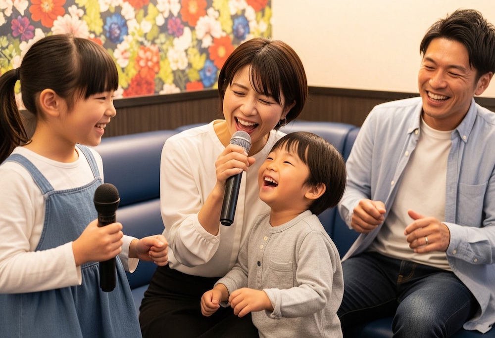 大人と子供がカラオケで盛り上がる様子