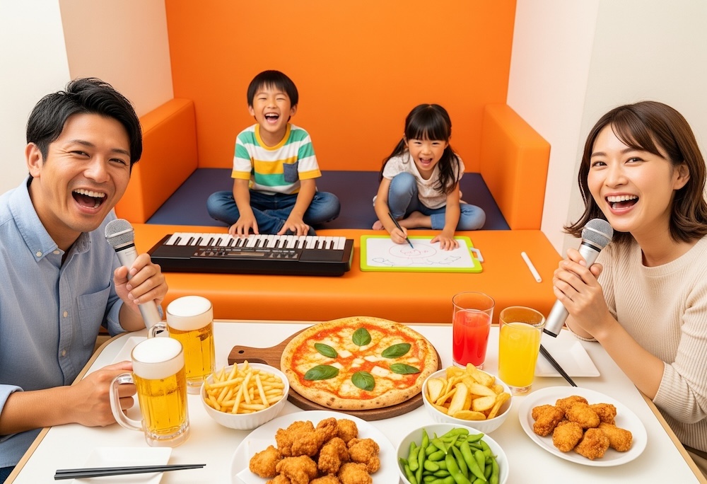 大人はカラオケ、子供はおもちゃで遊んでる様子