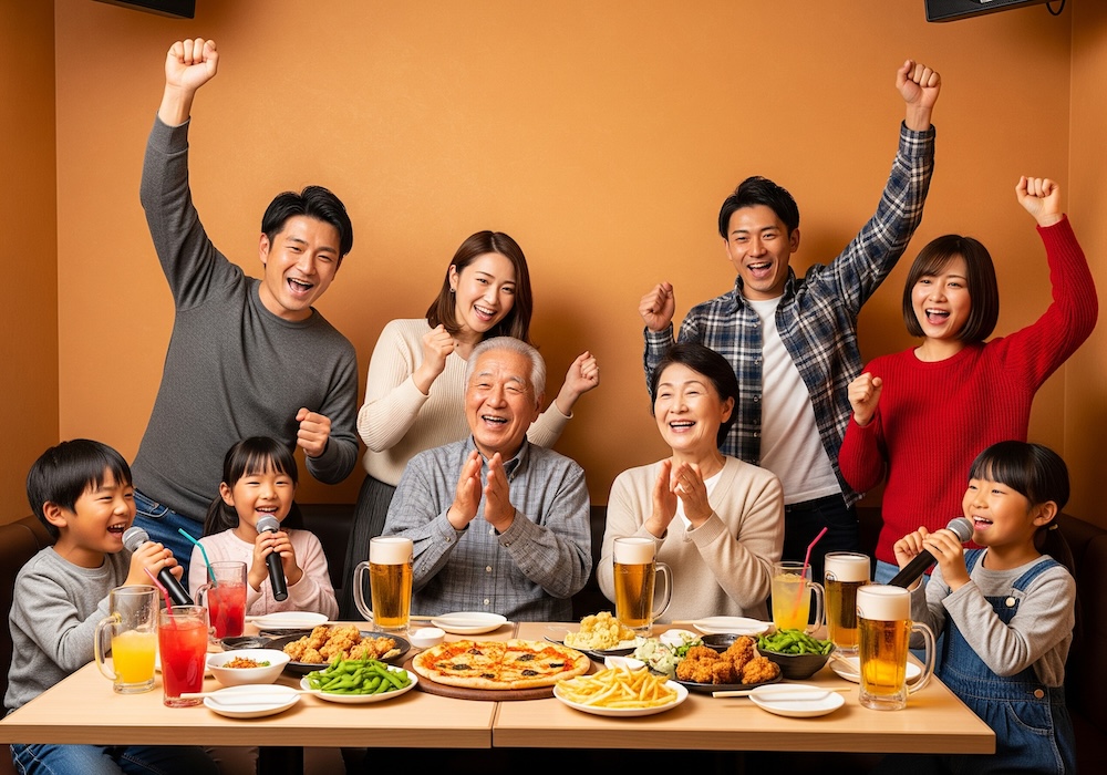 親戚一同でカラオケを楽しんでる様子