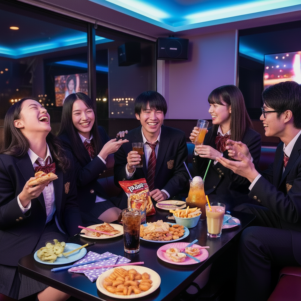 高校生たちがカラオケで打ち上げしている様子